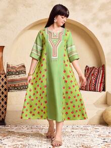 SHEIN Tween Girl Green Floral Print Retro Embroidery A-Line Maxi Vacation Dress,Autumn Boho Holiday Robe,Suitable For Festivals & Special Occasions,Jalabiya - Green - View 7