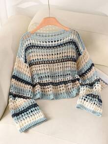 CosyJoli Plus Size Casual Blue White Striped Hollow Out Boat Neck Loose Short Pullover Long Sleeve Sweater,Slightly Sheer, Sun Protection In Fall/Winter - Blue and White - View 6