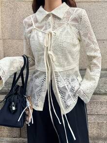 FRIFUL Ensemble 2 pièces chemise ample et débardeur pour femmes, tissu texturé avec nœud papillon décoratif à l'avant - Beige - Voir 8