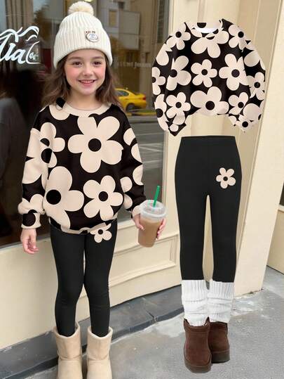 SHEIN 舒适秋冬风格，女孩休闲时尚创意花卉印花运动衫和紧身裤两件套服装
