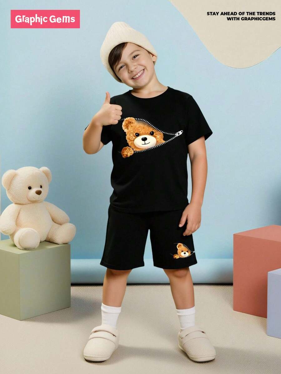 GraphicGems 男孩休閒可愛卡通小熊圖案短袖襯衫和短褲套裝