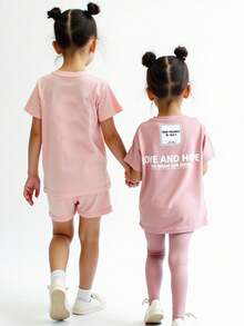 SHEIN 女童及幼儿休闲亲子装，两件套，字母印花落肩圆领T恤和裤子，休闲套装，适合春秋季日常休闲穿着及上学，情人节、母女装、姐妹装。 - 紫色 - 查看 6