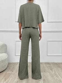 SHEIN Tall Cotton Simple Summer Solid Loose Drop Shoulder Short Sleeve Top And Straight Pants - Army Green - View 2