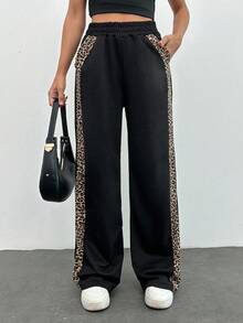 EURMUSE Leopard Trim Belly Detailed Long Wide Leg Black Pants - Black - View 5