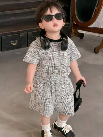 DAZY 2pcs Baby Boy Korean Style Plaid Short Sleeve Casual T-Shirt And Shorts Set Summer