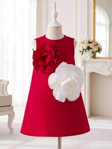 Glamorique Kids Girls' Solid Color 3D Floral Elegant Design Party Flower Girl Dress, Spring/Summer - Red - View 1