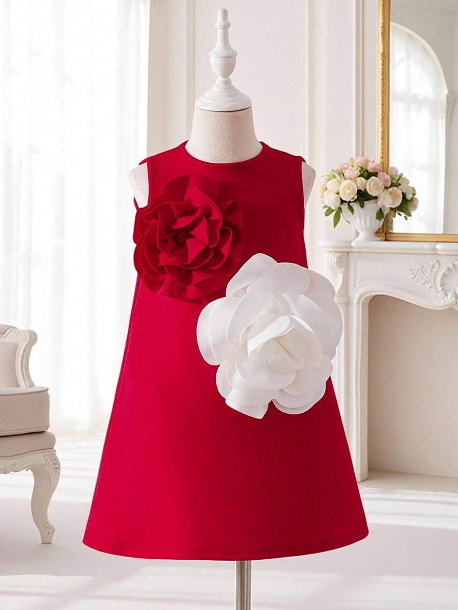 Glamorique Kids Girls' Solid Color 3D Floral Elegant Design Party Flower Girl Dress, Spring/Summer - Red - View 1