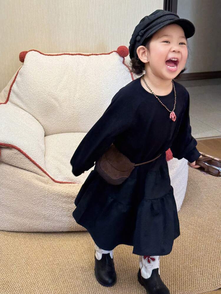 Toddler Girls' Round Neck Solid Color Casual Korean Style Long Sleeve Dress