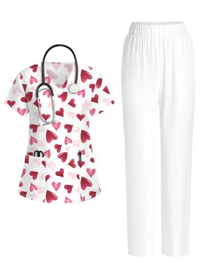 PopScrub Conjunto de uniforme de enfermería con bolsillo, de manga corta y cuello en V con estampado de corazones rosa y blanco, moda para mujer, primavera/verano