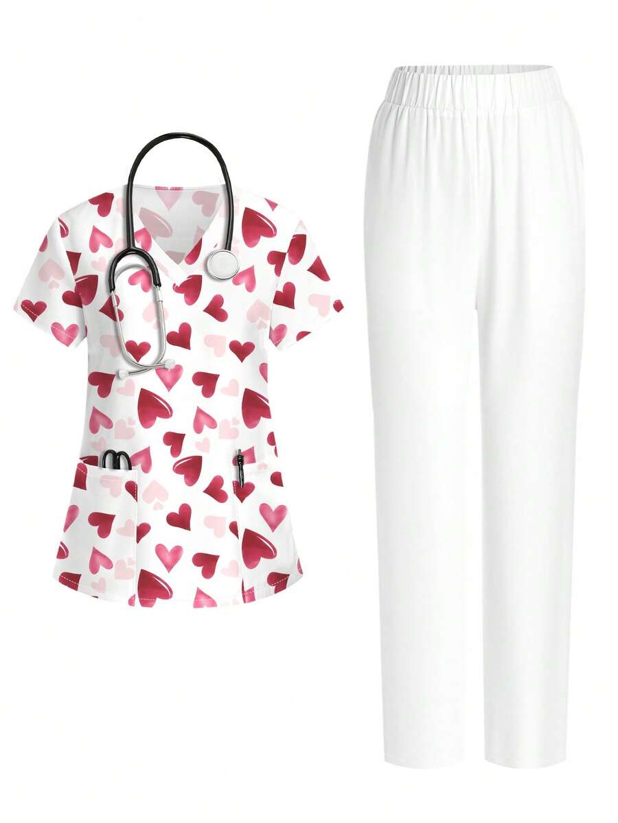 PopScrub 粉白爱心印花V领短袖带口袋护士服套装，时尚女装，春夏款
