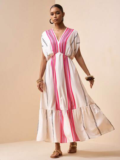 Zivah 2026 Spring/Summer New Arrival Music Festival, Easter, St. Patrick's Day, Valentine's Day, Date, Western, Nomadic, Birthday Party, Graduation, College Style, Student, Daily Casual, Basic Versatile, Leisure, Vacation, Cruise Travel, Beach, Sunbathing, Viral , Streetwear, Wedding Guest Boho, Commute, Brunch, Airport, Party, Holiday Outing, Office Wear, Elegant V-Neck Short Sleeve Long Waist Ruched A-Line Floral Print Maxi Dress