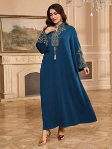 Al Najma Đầm dáng rộng kiểu Ả Rập in họa tiết cây cỏ, thiết kế tua rua dành cho nữ cỡ lớn - Màu xanh ngọc - Xem 4