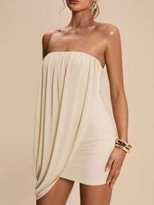 SHEIN BAE Spring/Summer Women's Nude Strapless Sleeveless Ruffled Bodycon Elegant Venus Mini Dress, Summer Dress ,Valentines Day Dress,Beach Dress,Party Dress,Wedding Guest Dress ,Birthday Dress,Elegant Dresses, - Khaki - View 5