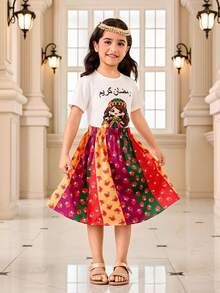 Girls' Cartoon Set, Fanus Lantern Print T-Shirt + Patchwork Floral Skirt, Adorable And Eye-Catching, Suitable For Middle Eastern Festivals, Candy Festivals, High-Quality Children's Clothing - Multicolor - View 8