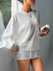 Dewbera 女士镂空针织仿毛皮圆领宽松休闲运动卫衣，适合日常穿着，性感大码卫衣，女士白色卫衣，女士大码卫衣 - 白色 - 查看 7