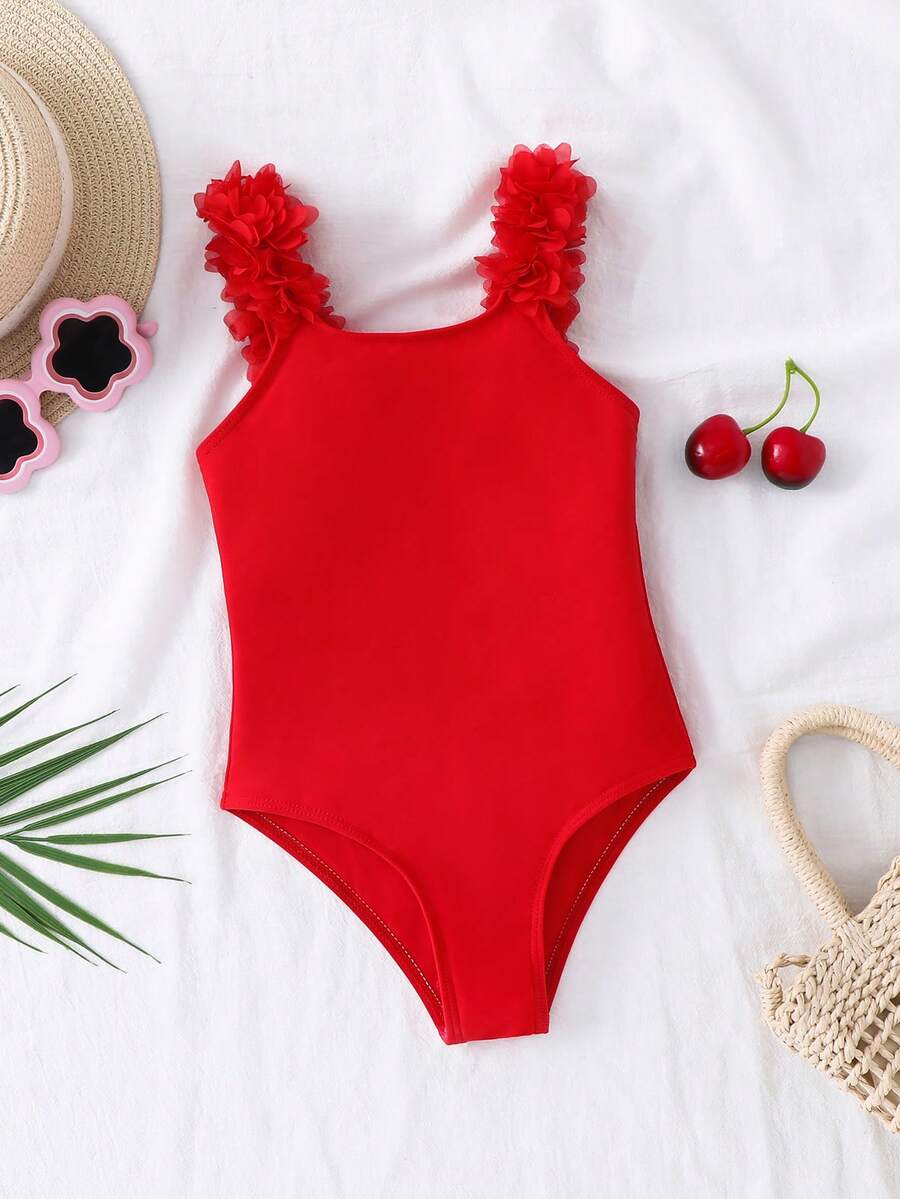 SHEIN 女童3D立体花卉连体泳衣 女童粉色蝴蝶结泳衣 女童条纹泳衣 连体泳衣 女童粉色连体泳衣 女童泳衣 - 紅色 - 查看 1