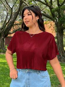 SHEIN EZwear 大码女式纯色圆领短袖露脐休闲T恤 - 紅色 - 查看 5