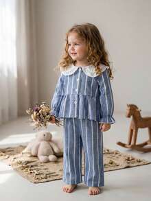 SHEIN 2 piezas Conjunto de top de manga larga con cuello y pantalones estilo universitario casual para niña bebé, adecuado para uso diario en primavera y otoño