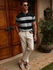 Manfinity Homme 男士撞色条纹圆领短袖针织衫 男士夏季服装 男士度假服装 黑白服装 男士度假两件套 男士休闲两件套 条纹 - 灰色 - 查看 7