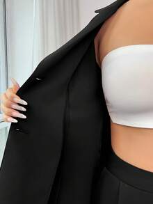 Vestido formal elegante y lujoso para mujer, conjunto de traje con chaqueta de manga larga y pantalón , con cuello de volantes de organza brillante y cinturón, adecuado para Halloween, Navidad, Año Nuevo, ceremonia de graduación, boda, juego de roles, traje de pantalón de color vino tinto y negro para mujer, conjunto de blazer, traje negro para mujer, conjunto de 2 piezas, elegante - Negro - Ver 3