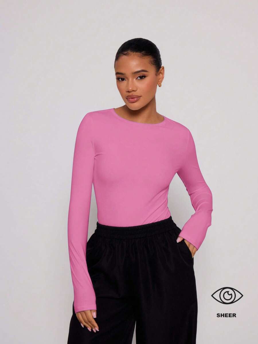 MUSERA Crew Neck Long Sleeve Bodysuit Fitted Casual Capsule Wardrobe Basic Everyday Business Office Work Back To School Winter White Lounge - Pink - View 1