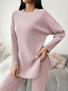 EURMUSE Conjunto de 2 piezas de algodón con top y pantalones de unicolor y diseño sencillo - Rosa Pálido - Ver 4