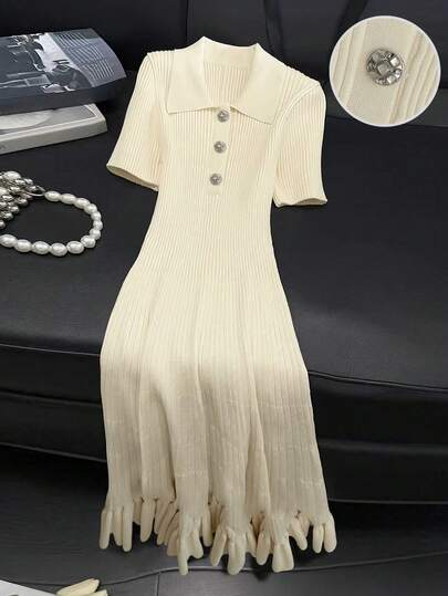 Franclia Damklänning med aprikosfärgad, elegant krage, kortärmad, enkel, daglig, mångsidig, halvslå, knappslå, åtsittande, enfärgad, volangkant, stickad klänning, vår/sommar