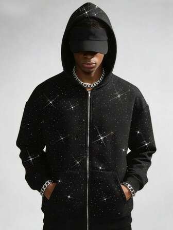 Felpa con cappuccio casual da uomo con cerniera e strass pesanti