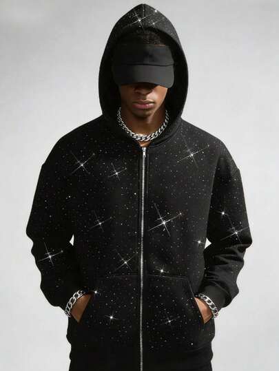 Sudadera con capucha casual con cremallera y pedrería gruesa para hombres