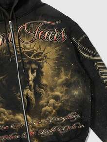 ROMWE MEN Street Life Spring Casual Graphic Men'S Street Slogan Print Zip Front Drawstring Hoodie Sweatshirt - Black - View 5