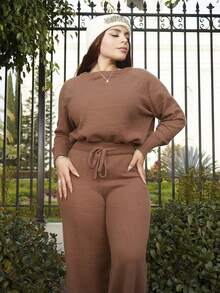 Lupita Cardoza Brown Sweater Fall Women Clothes Old Money Autumn Women's Solid Color Round Neck Raglan Sleeve Long Sleeve Sweater And Drawstring Waist Knit Pants Casual Suit Brown Two Piece Set Comfortable Two Piece Set, - Camel - View 3