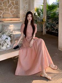 DAZY 女士圆领镂空心形蝴蝶结甜美韩版公主风派对长裙 春季 - 淺粉色 - 查看 7