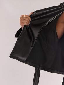 SHEIN BAE Autumn/Winter Black Leather Women's Solid-Color Lace-Up Casual Trench Coat Short Jacket Perfect For Casual Outings, This Short Black Leather Jacket,Fall,Fall Clothes For Women - Black - View 8