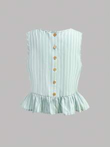 SHEIN Teen Girls' Casual Striped Sleeveless Top With Wooden Buttons And Straight Leg Pants Set, Spring/Summer Vacation Outfit - Green - View 5