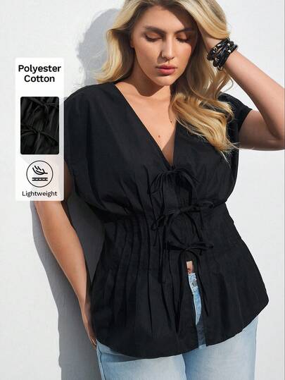 Maija 大码女装新款黑色宽肩隐形袖显瘦腰竖条纹开襟蝴蝶结设计无袖休闲上衣，通勤百搭，适合日常出行、音乐节、浪漫约会、时尚场合，百搭上衣