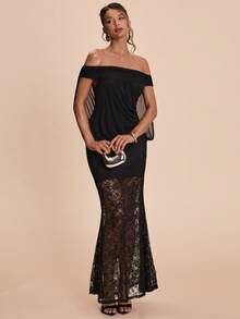 SHEIN BAE Black Sexy One-Shoulder Ruffle Lace Patchwork Fishtail Bodycon Elegant Dress, Black Dress, Valentine's Day Date Dress, Bridesmaid Mini Dress, Elegant Dress, Valentine's Day - Black - View 3