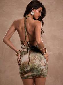 SHEIN BAE 女士豹纹深V领镂空性感吊带迷你连衣裙 - 綠色 - 查看 2