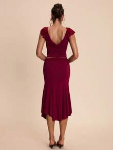 SHEIN BAE Red Backless Ruffle Sleeve Tight Top & Low Waist Asymmetrical Hem Skirt, Red 2-Piece Set, Red Set,Ladies Casual Suit, Summer Holiday Outfits, Valentine's Day,Spring Break Outfits,Women's Summer Set - Red - View 2