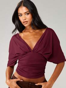 MISSGUIDED Off Shoulder Wrap Front Ruched Top With Deep V Neckline And Twisted Detail For Fall Winter - Burgundy - View 3