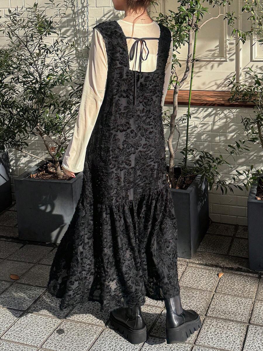 FRIFUL Vestido de primavera con decoración de lazo sin espalda para mujer - Negro - Ver 1