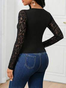 SHEIN Lady Women's Fashion Casual Sweetheart Collar Lace Long Sleeve T-Shirt - Black - View 2
