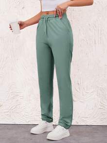 EURMUSE Cotton Women's Drawstring Waist Pocket Jogger Pants - Mint Green - View 5