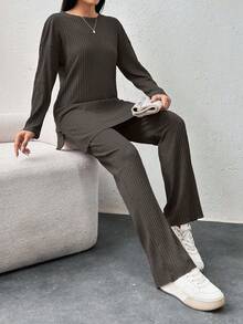 EURMUSE Cotton Drop Shoulder Split Hem Tee & Pants - Chocolate Brown - View 4