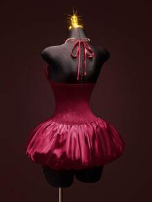 SHEIN ICON Women's Fashionable Hollow Neck Backless Bubble Hem Formal Burgundy Wedding Birthday Party Sexy Vacation Valentine's Day Date Nigh Mini Dress, Summer Red Satin Dress - Burgundy - View 8