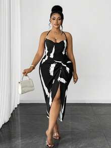 Maweii Đầm hở lưng cổ yếm, xếp ly, gợi cảm, in họa tiết tương phản, cỡ lớn, thời trang. - Đen và trắng - Xem 2