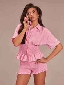 Athîral 女士休闲格子束腰衬衫短裤两件套，夏季 - 彩色 - 查看 1