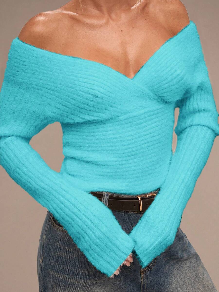 SHEIN BAE 1pc Women's Solid Color Off-Shoulder Long Sleeve Fitted Sweater Teal