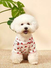 1件宠物猫狗白色甜美可爱草莓印花图案弹力针织舒适花苞袖圆领T恤 - 白色 - 查看 5