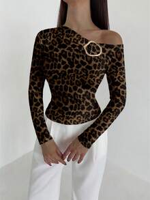 Áo thun nữ Aloruh thanh lịch, gợi cảm, họa tiết da báo, vai lệch, đính kim loại, ôm dáng, thích hợp cho mùa thu/đông, hẹn hò, kiểu dáng vintage đa năng, thoải mái khi mặc hàng ngày. - Nhiều màu - Xem 5