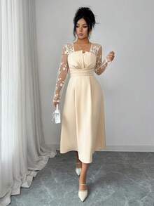 Modelyn 女款粉色花卉優雅度假風拼接透視刺繡網紗收腰喇叭裙秋季洋裝，婚禮賓客派對生日伴娘穿搭 - 卡其色 - 查看 5
